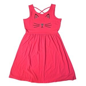Justice Cat Face Graphic Dress Kids 14/16 Pink Glitter Criss Cross Back Summer